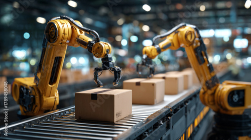 A robot is picking up a box on a conveyor belt