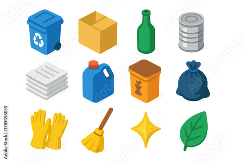 Isometric Recycling Icons. Home Recycling modern flat icons set: blue bin, cardboard box, glass bottle, tin can, paper, plastic jug, compost bin, trash bag, gloves, broom, sparkle,