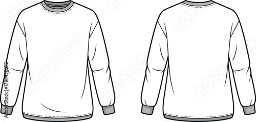 Unisex crewneck sweatshirt technical flat sketch with ribbed cuffs and hem, casual winter fashion apparel CAD vector template