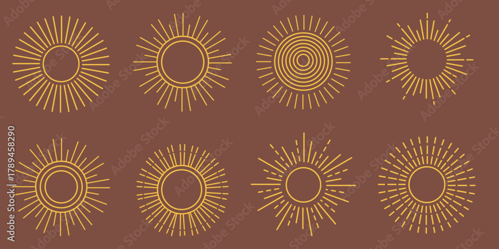 Fototapeta premium Vintage starburst. Sunburst shapes, bursting sun rays, sunshine. Radial fireworks burst, sunset and sunrise, star beams, sparkle elements. Vector classic boho logo line set