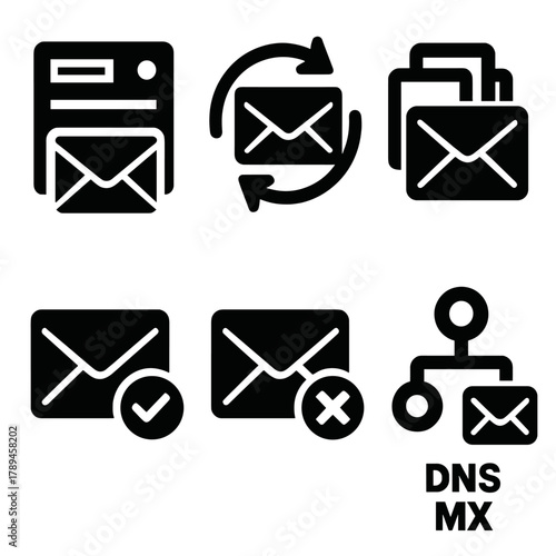Email Infrastructure Icons. Email Infrastructure silhouette icon set: SMTP server, IMAP sync, mail queue, delivery status, bounce message, DNS MX record.
