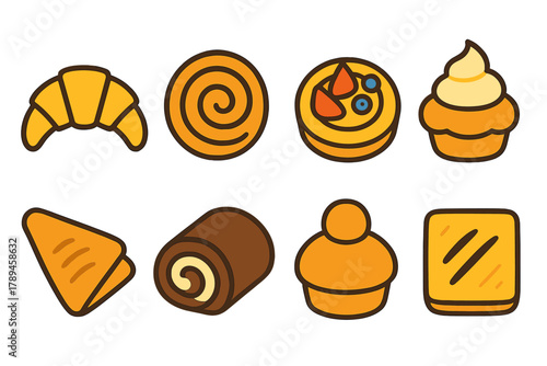 Colorful Pastry Icons. Fresh Bakery Pastries Icons flat icons: croissant, danish swirl, fruit tart, cream puff, turnover, chocolate roll, brioche, puff pastry