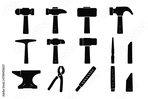 Metalworking Tools Icons. Metalworking Hammers silhouette icon set: ball-peen hammer, cross-peen hammer, sledgehammer, machinist hammer, chipping hammer, riveting hammer, dead blow