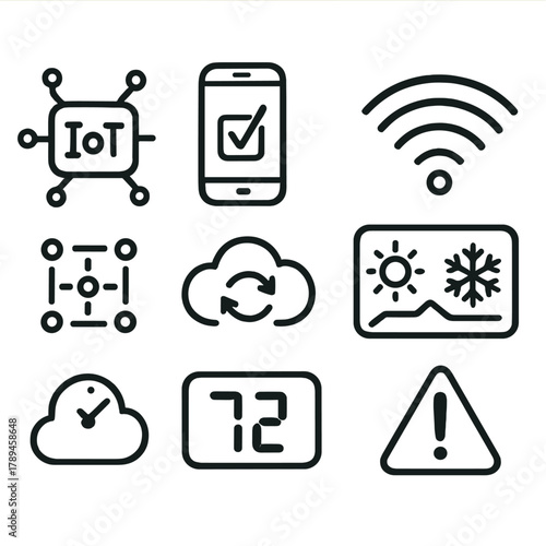 Smart Monitoring Icons. Smart Monitoring outline icons: IoT hub, mobile app, Wi-Fi signal, climate dashboard, sensor grid, cloud sync, digital display, system alert.