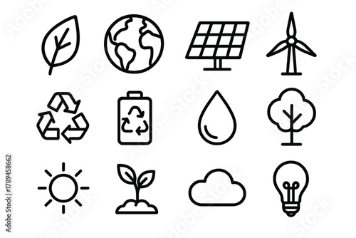 Eco-Friendly Icon Set. Environmental Efficiency linear icon set: leaf, globe, solar panel, wind turbine, recycling symbol, eco battery, water droplet, tree, sun, plant, cloud,