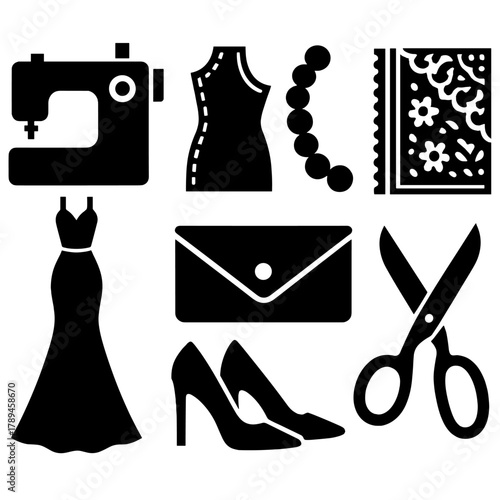 Bold Couture Icons. Designer Couture Collection silhouette icon set: sewing machine, pattern, pearl string, lace, gown, heels, clutch, scissors.