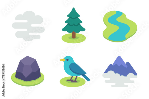 Foggy Valley Icons. Foggy Valley modern flat icons set: Mist, Pine Tree, River, Rock, Bird, Distant Mountain.