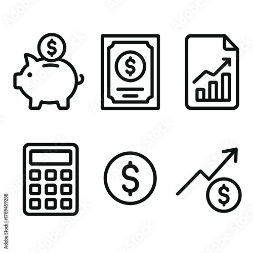 Savings Icons Overview. Savings bonds linear icon set: piggy bank, certificate, document chart, calculator, dollar coin, growth arrow.