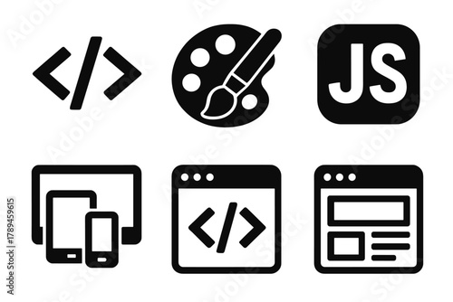 Brutalist Web Icons. Web Programming silhouette icon set: HTML tag, CSS palette, JavaScript icon, responsive layout, code editor, browser preview.