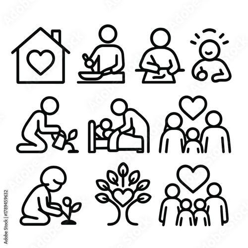 Family Moments Icons. Family Nurturing linear icon set: home with heart, parent cooking, child drawing, shared laughter, garden care, bedtime tuck-in, love tree, joyful family.