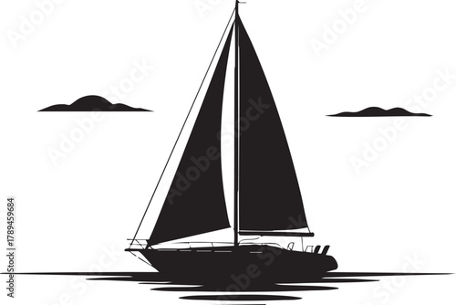 Majestic sailboat silhouette glides on calm waters under the soft clouds against a transparent background