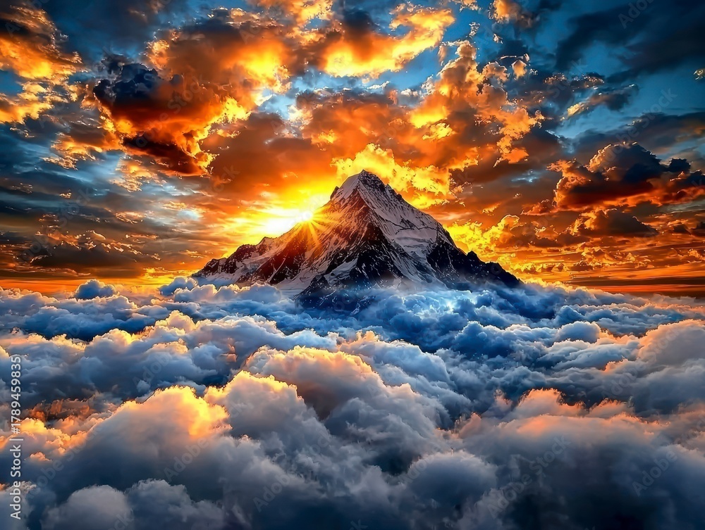 Naklejka premium Majestic Sunset Over Snow-Capped Mountain Peaks Nature Landscape Photography Serene Cloudscape Panoramic View