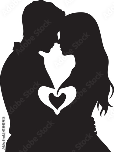 Passionate silhouette of a couple embracing with a heart outline on a transparent background
