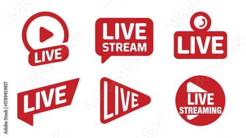 Illustration Red and White Live Stream, Live Streaming Badges, and Icons Collection