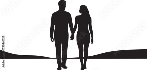 Silhouette of a couple walking hand in hand represents togetherness on plain white background