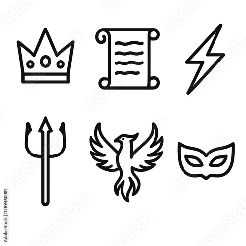 Mythical Icons Collection. Legends & Myths linear icon set: crown, scroll, lightning bolt, trident, phoenix, mask.
