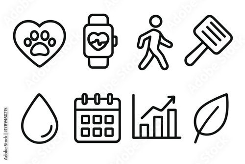 Icons of Healthy Living. Healthy Lifestyle linear icon set: paw heart, fitness tracker, walk icon, grooming brush, droplet, calendar, wellness chart, leaf symbol.