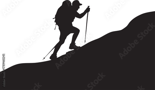 Silhouette of a male hiker with backpack uses trekking poles to climb a hill