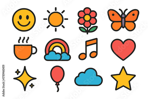 Joyful Icon Collection. Joyful Moments flat icons: smile emoji, sun, flower, butterfly, coffee cup, rainbow, music note, heart, sparkle, balloon, cloud, star.