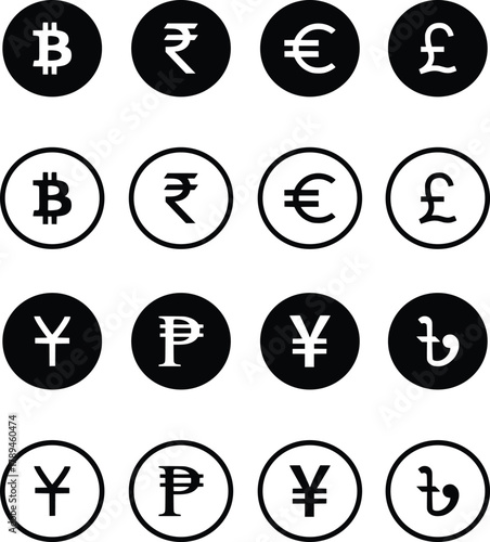 Collection of most popular currency symbol isolated on white background. Currency signs: dollar, yen, ruble, rupee, yuan, pound, franc and euro. Simple design of the most popular currency. Banknotes.