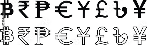 Collection of most popular currency symbol isolated on white background. Currency signs: dollar, yen, ruble, rupee, yuan, pound, franc and euro. Simple design of the most popular currency. Banknotes.
