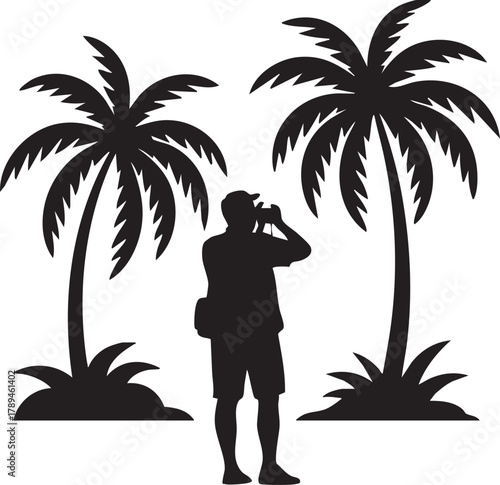 Silhouette shows a man photographing palm trees against a white background, showcasing tropical nature