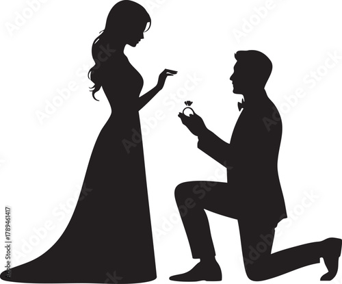 Silhouette shows elegant woman and kneeling man proposing with ring on transparent background
