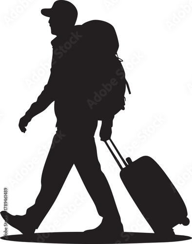 Silhouette shows traveler walking with luggage and backpack on a transparent background