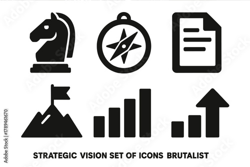 Brutalist Strategic Icons. Strategic vision silhouette icon set: chess knight, compass, document paper, flag on mountain, bar graph, upward arrow.