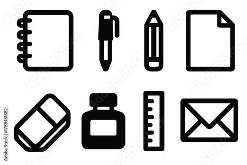 Brutalist Writing Icons Set. Writing Essentials silhouette icon set: notebook, pen, pencil, paper, eraser, ink bottle, ruler, envelope.