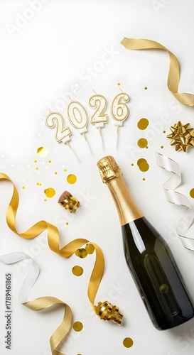 Golden 2026 candles, champagne bottle, and ribbons on white background. Elegant and festive New Year celebration setup.