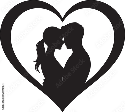 Silhouetted couple embraces tenderly inside a black heart shape, creating an intimate on transparent backdrop
