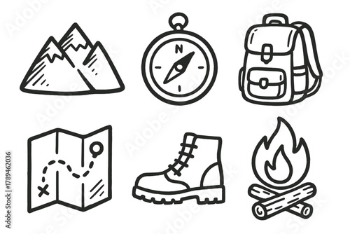 Doodle Adventure Icons. Outdoor Exploration outline icons: mountain peak, compass icon, backpack, map route, hiking boots, campfire.