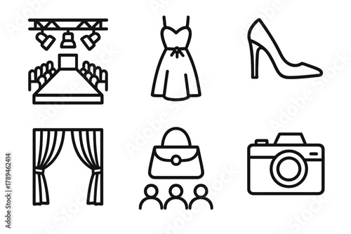 Chic Fashion Icons. Fashion Show Set linear icon set: runway, lights, dress, heels, audience, curtain, bag, camera.