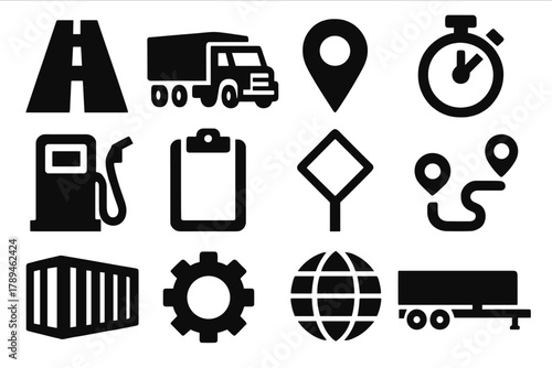 Bold Transport Icons. Long Haul Transport silhouette icon set: highway, truck, map pin, stopwatch, gas pump, clipboard, road sign, route line, container, gear, globe, trailer.