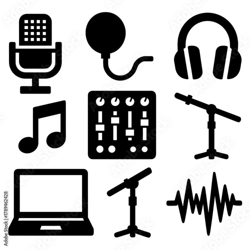 Brutalist Music Icons. Studio Singing Set silhouette icon set: condenser mic, pop filter, headphones, mixer, music note, laptop, stand, waveform.