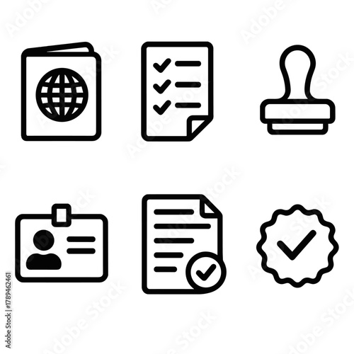 Customs Documentation Icons. Customs & Documentation linear icon set: passport icon, checklist paper, approval stamp, ID card, declaration form, verified badge.