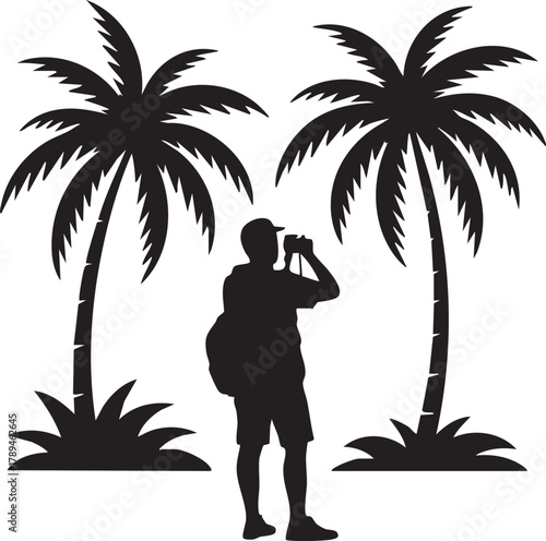 Silhouetted man with camera captures nature amidst tropical palm trees, presented on a transparent backdrop