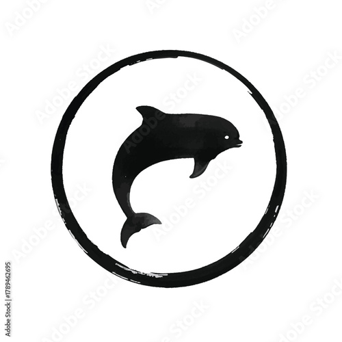 Minimalist ink painting with sumi-e dolphin in black enso zen circle. Hieroglyph - joy.