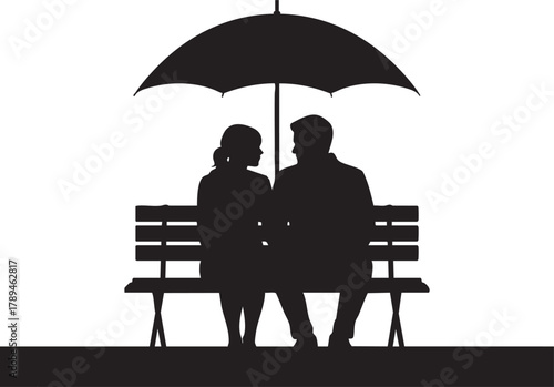 Silhouetted pair sit closely together under an umbrella on a bench, romantic, transparent