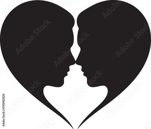 Silhouetted profiles of a loving couple facing each other create a heart shape, isolated on white