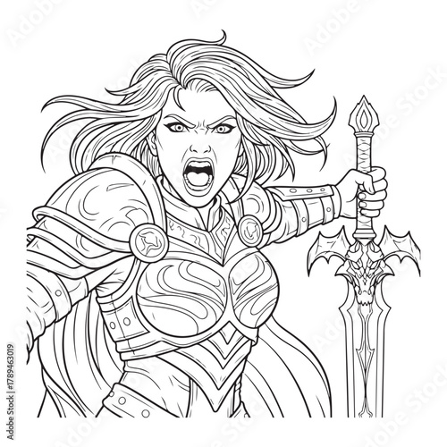 Fierce Female Warrior Shouting in Battle, Strong Heroine colouring page