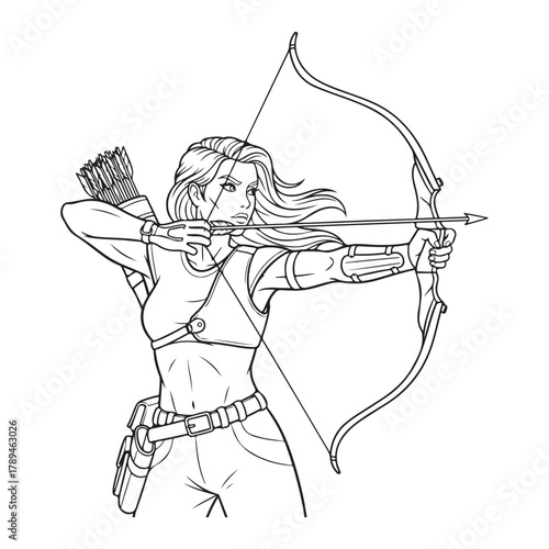 Determined Female Archer Aiming Bow, Warrior Woman colouring page