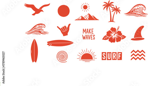 Minimal beach and surf icon vector set with tropical elements like palm trees, waves, surfboards, and sun. Perfect for summer designs, t-shirts, posters, and coastal branding 