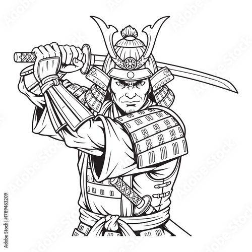 Fierce Samurai Warrior with Katana Sword, Traditional Japanese Fighter colouring page