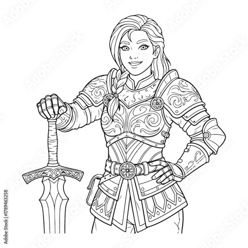 Smiling Female Warrior After Victory, Confident Hero colouring page