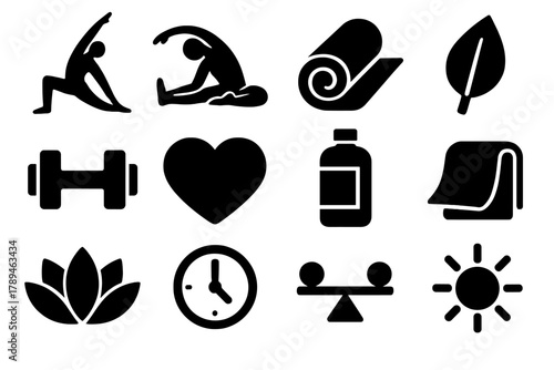 Brutalist Flexibility Icons. Flexibility silhouette icon set: yoga pose, stretching person, mat, leaf, dumbbell, heart, water bottle, towel, lotus flower, clock, balance icon, sun.
