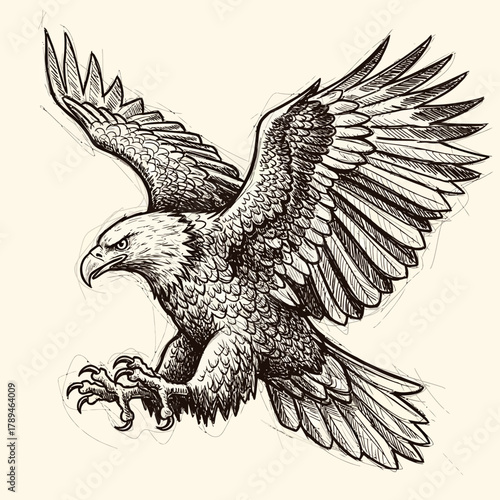 A detailed illustration of a bald eagle in flight, descending with talons extended.