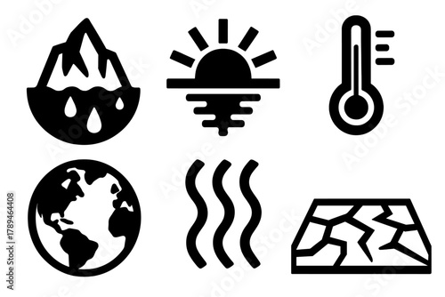Bold Climate Icons. Global Warming silhouette icon set: melting ice, rising sun, thermometer high, earth globe, heat waves, cracked ground.