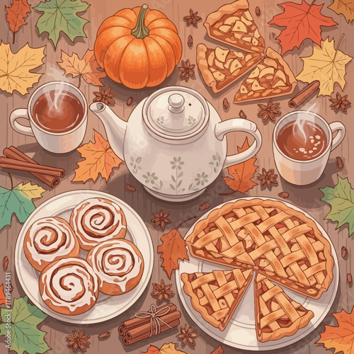 Autumn arrangement featuring apple pie, cinnamon rolls, tea, pumpkin, and fall leaves on a wooden surface.
